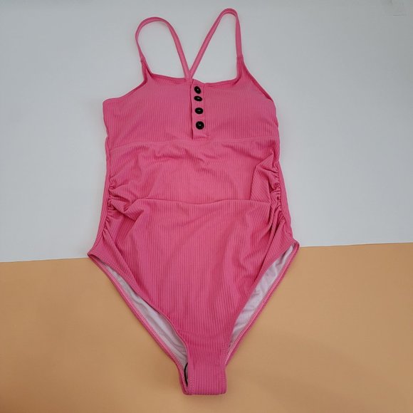 Summer Mae Maternity Swimsuit One Piece Bathing Suit Button Neck Cross Back NWT - Picture 5 of 13